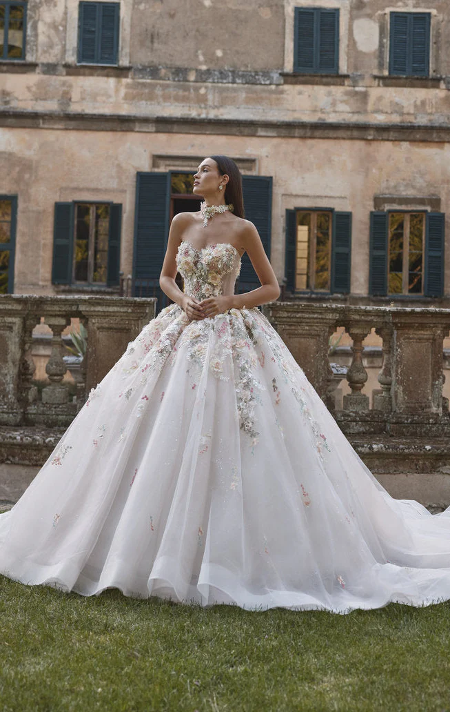 Veni Infantino floral appliqué bridal gown detail