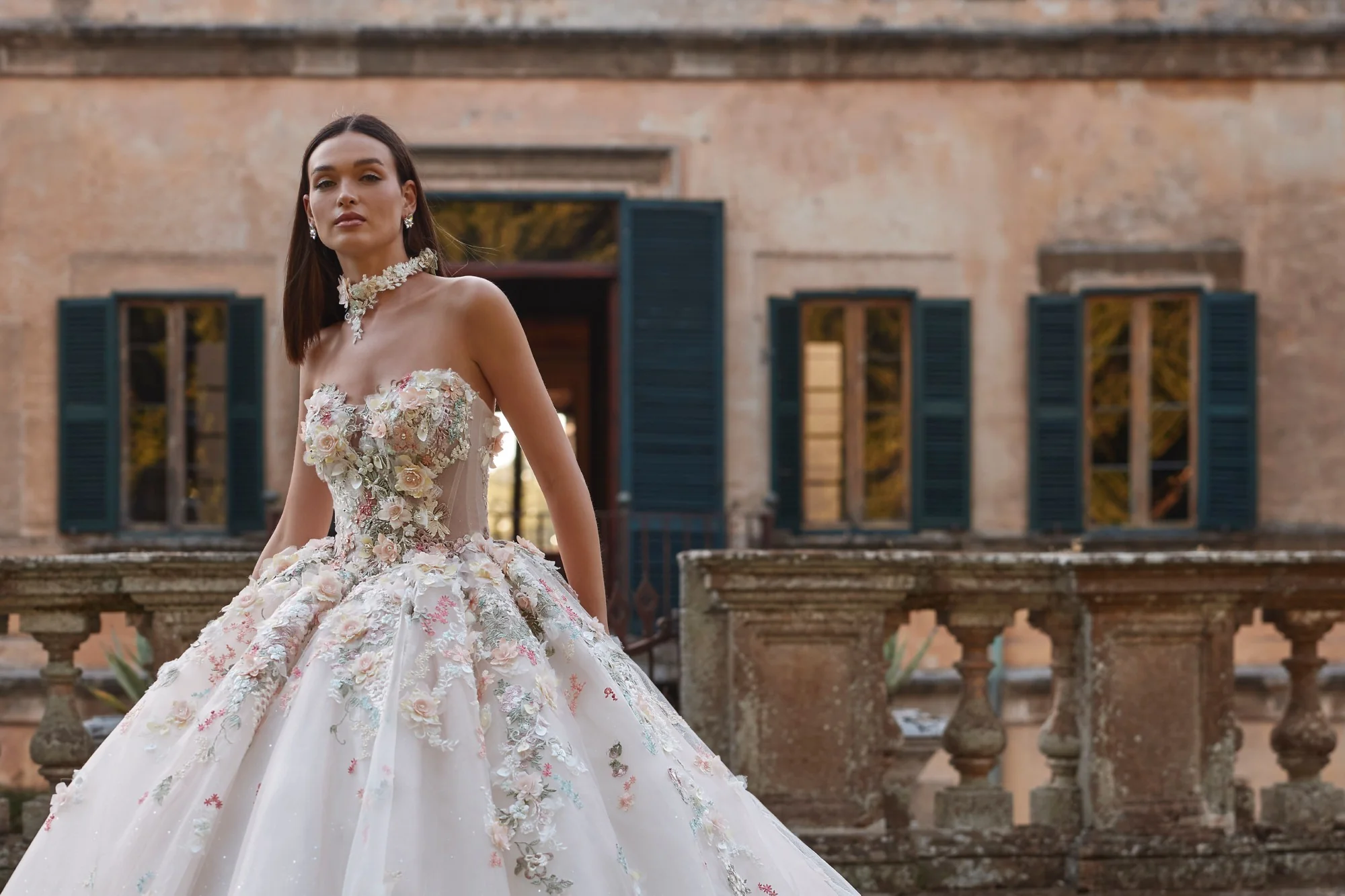 Veni Infantino floral appliqué designer wedding gown